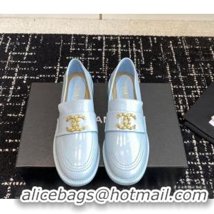 Pretty Style Chanel Calfskin Leather Loafers with Camellia CC G45663 Light Blue 603008