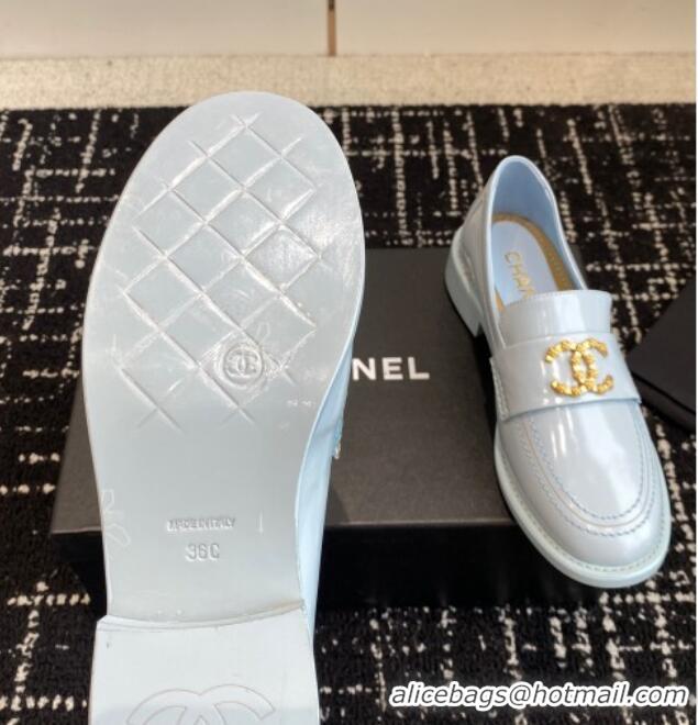 Pretty Style Chanel Calfskin Leather Loafers with Camellia CC G45663 Light Blue 603008