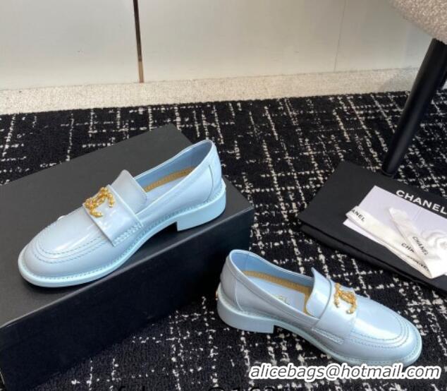 Pretty Style Chanel Calfskin Leather Loafers with Camellia CC G45663 Light Blue 603008