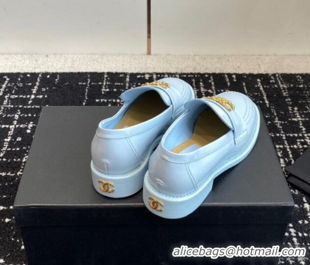 Pretty Style Chanel Calfskin Leather Loafers with Camellia CC G45663 Light Blue 603008