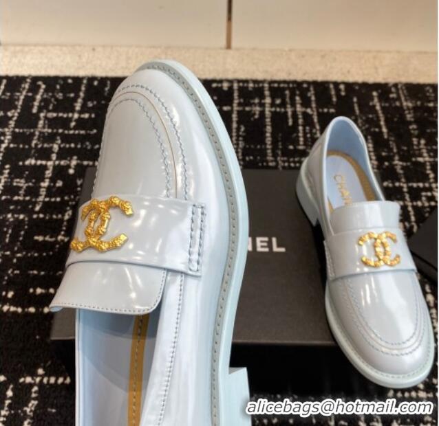 Pretty Style Chanel Calfskin Leather Loafers with Camellia CC G45663 Light Blue 603008