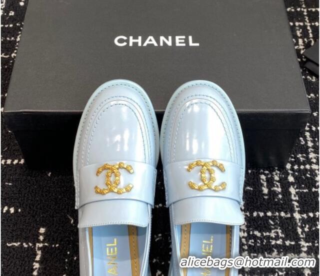 Pretty Style Chanel Calfskin Leather Loafers with Camellia CC G45663 Light Blue 603008