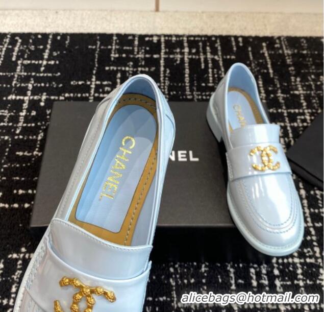 Pretty Style Chanel Calfskin Leather Loafers with Camellia CC G45663 Light Blue 603008