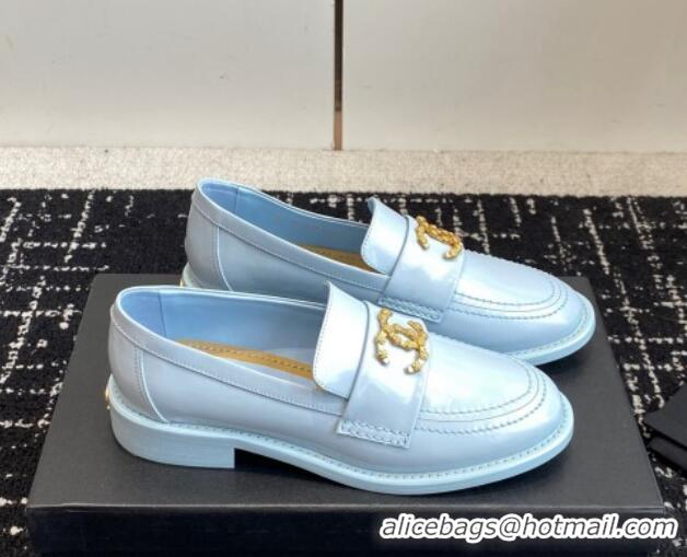 Pretty Style Chanel Calfskin Leather Loafers with Camellia CC G45663 Light Blue 603008