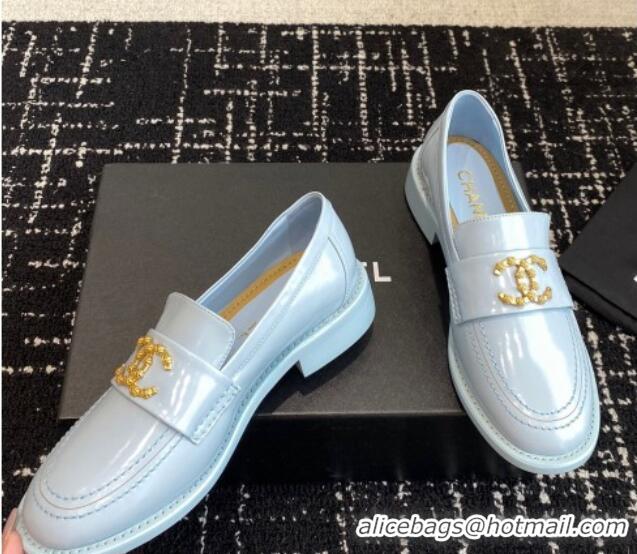 Pretty Style Chanel Calfskin Leather Loafers with Camellia CC G45663 Light Blue 603008