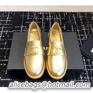 Top Grade Chanel Calfskin Leather Loafers with Camellia CC G45663 Gold 603009