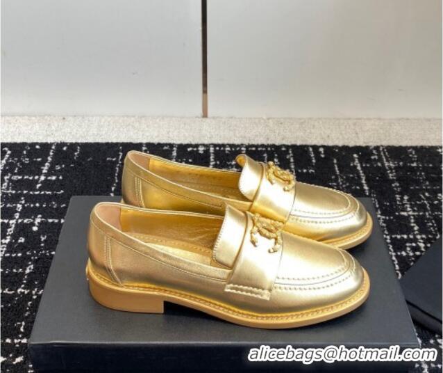 Top Grade Chanel Calfskin Leather Loafers with Camellia CC G45663 Gold 603009