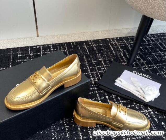 Top Grade Chanel Calfskin Leather Loafers with Camellia CC G45663 Gold 603009