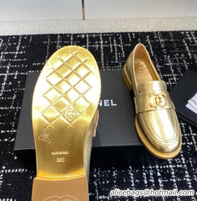 Top Grade Chanel Calfskin Leather Loafers with Camellia CC G45663 Gold 603009