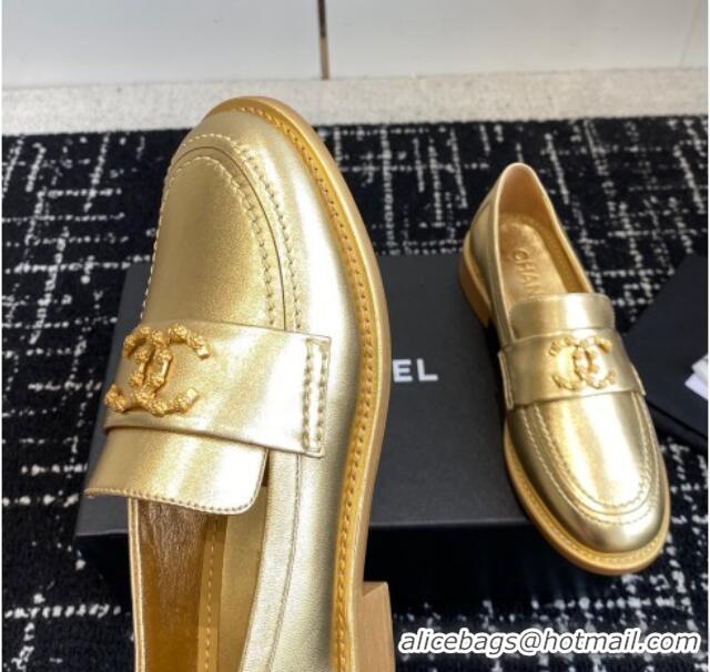 Top Grade Chanel Calfskin Leather Loafers with Camellia CC G45663 Gold 603009