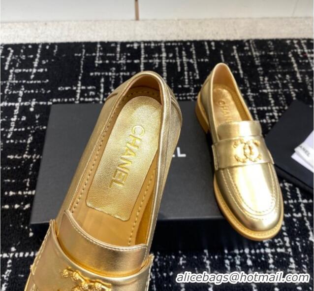 Top Grade Chanel Calfskin Leather Loafers with Camellia CC G45663 Gold 603009