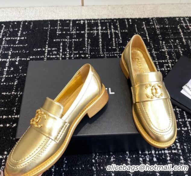 Top Grade Chanel Calfskin Leather Loafers with Camellia CC G45663 Gold 603009