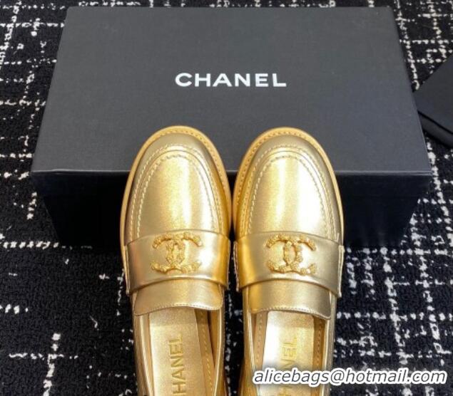 Top Grade Chanel Calfskin Leather Loafers with Camellia CC G45663 Gold 603009