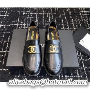 Inexpensive Chanel Calfskin Leather Loafers with Camellia CC G45663 Black 603010