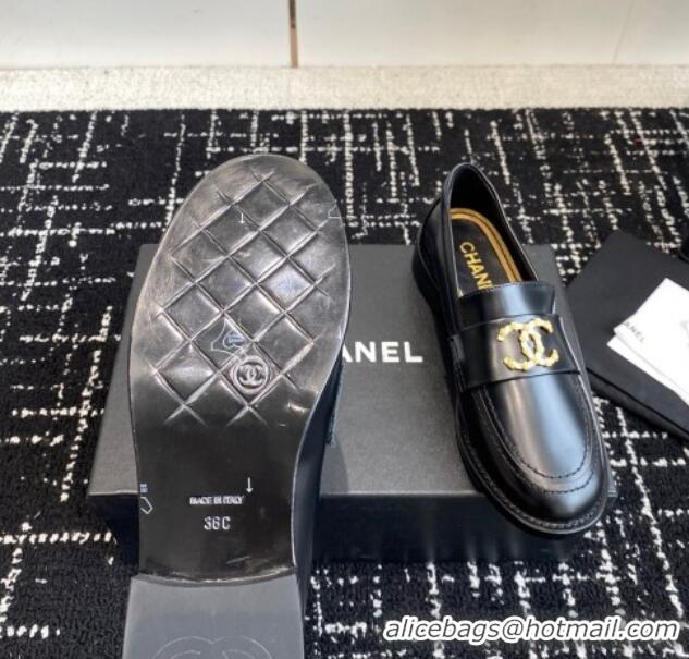 Inexpensive Chanel Calfskin Leather Loafers with Camellia CC G45663 Black 603010