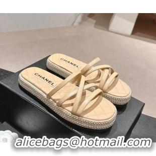 Charming Chanel Calfskin Espadrille Flat Slide Sandals with Studs Chain Beige 603020