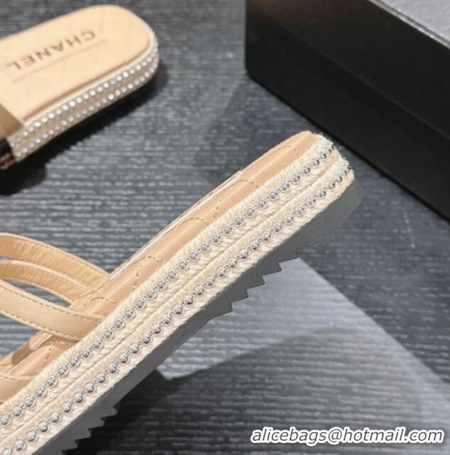 Charming Chanel Calfskin Espadrille Flat Slide Sandals with Studs Chain Beige 603020