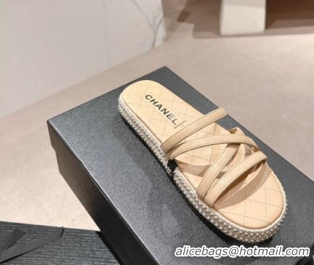 Charming Chanel Calfskin Espadrille Flat Slide Sandals with Studs Chain Beige 603020