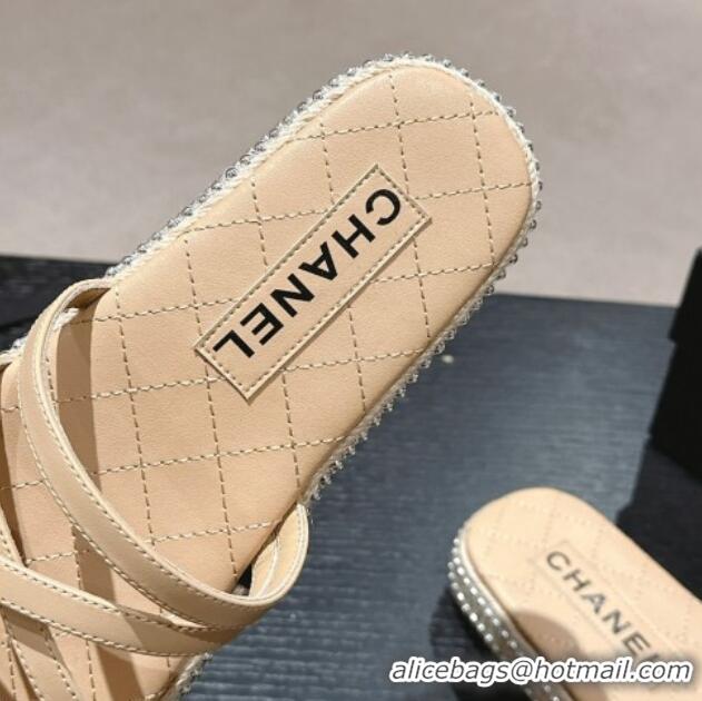 Charming Chanel Calfskin Espadrille Flat Slide Sandals with Studs Chain Beige 603020