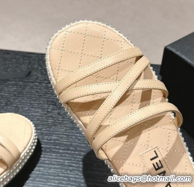 Charming Chanel Calfskin Espadrille Flat Slide Sandals with Studs Chain Beige 603020