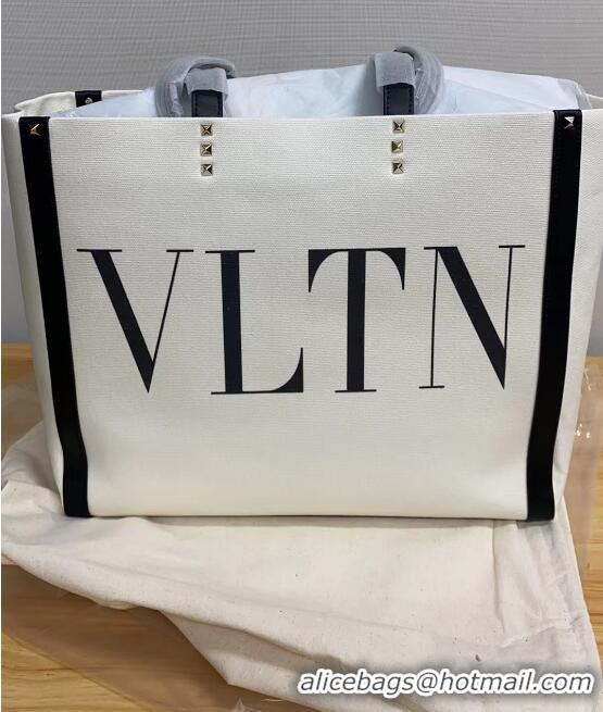 New Fashion VALENTINO Rockstud Canvas Shopping Bag V0978 Wihte&Black