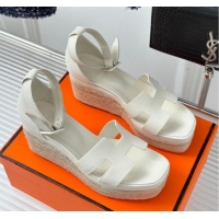 Best Price Hermes Elda Grainy Calfskin Platform Wedge Sandals White 052302