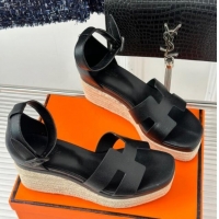 Good Looking Hermes Elda Grainy Calfskin Platform Wedge Sandals Black 052303