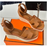 Pretty Style Hermes Elda Smooth Calfskin Platform Wedge Sandals Brown 4052305