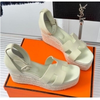 Top Grade Hermes Elda Smooth Calfskin Platform Wedge Sandals Beige 4052306