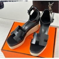 Grade Quality Hermes Elda Smooth Calfskin Platform Wedge Sandals Black 4052307