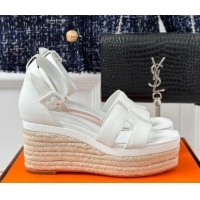 Luxurious Hermes Elda Smooth Calfskin Platform Wedge Sandals White 4052309