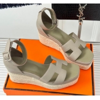 Low Cost Hermes Elda Grainy Calfskin Platform Wedge Sandals Grey 4052308