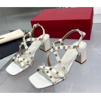 Sophisticated Valentino Rockstud Calf Heel Sandals with Strap White 328002