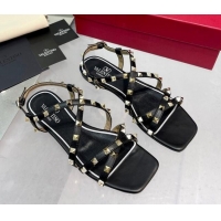 Top Grade Valentino Rockstud Calfskin Flat Sandals with Strap Black 328004