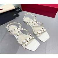 Best Product Valentino Rockstud Calfskin Flat Sandals with Strap White 328005