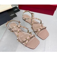 Stylish Valentino Rockstud Calfskin Flat Sandals with Strap Nude 328006