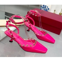 Best Grade Valentino Rockstud Slingback Pumps 5cm with Ankle Strap in Patent Calfskin PP Pink 328007