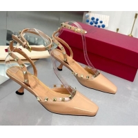 Luxurious Valentino Rockstud Slingback Pumps 5cm with Ankle Strap in Patent Calfskin Nude 0328010