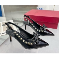 Shop Duplicate Valentino Rockstud Slingback Pumps 6.5cm with Bow in Patent Calfskin Black/Gold 328015