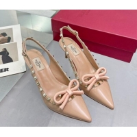 Youthful Valentino Rockstud Slingback Pumps 6.5cm with Bow in Patent Calfskin Nude 328016