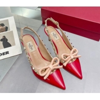 Charming Valentino Rockstud Slingback Pumps 6.5cm with Bow in Patent Calfskin Red 328017