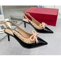 Popular Style Valentino Rockstud Slingback Pumps 6.5cm with Bow in Patent Calfskin Black 328018