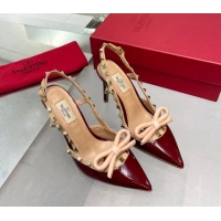 Cheap Price Valentino Rockstud Slingback Pumps 9.5cm with Bow in Patent Calfskin Burgundy 328021