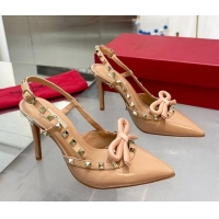 Stylish Valentino Rockstud Slingback Pumps 9.5cm with Bow in Patent Calfskin Nude 328023