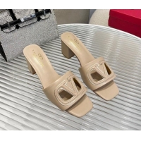 Good Quality Valentino VLogo Cut-out Calfskin Heel Slide Sandals 7cm Beige 429047