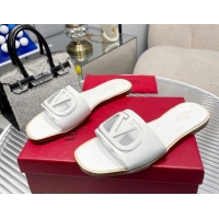 Pretty Style Valentino VLogo Cut-out Calfskin Flat Slide Sandals White 429049