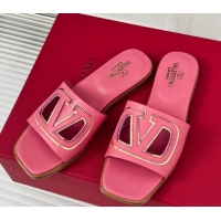 Sumptuous Valentino VLogo Cut-out Calfskin Flat Slide Sandals Dark Pink 429064