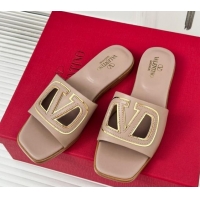 Best Grade Valentino VLogo Cut-out Calfskin Flat Slide Sandals Dark Beige 429063