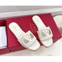 Classic Hot Valentino VLogo Cut-out Calfskin Flat Slide Sandals White 429059