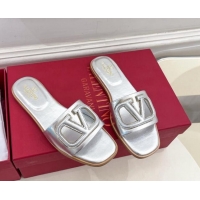 Shop Duplicate Valentino VLogo Cut-out Calfskin Flat Slide Sandals Silver 429061